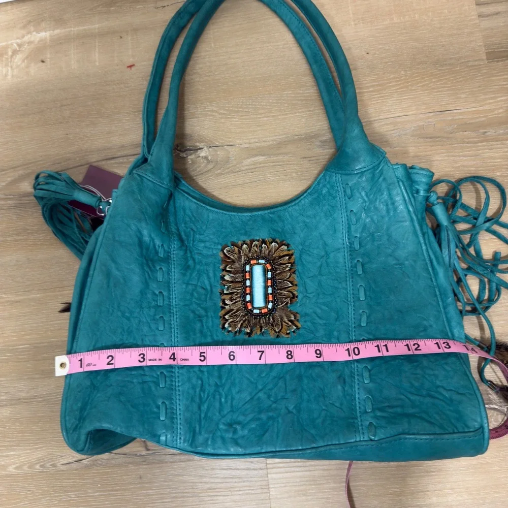 Viva of California Teal Leather Boho Fringe Feather Tote Bag Handcrafted USA NWT